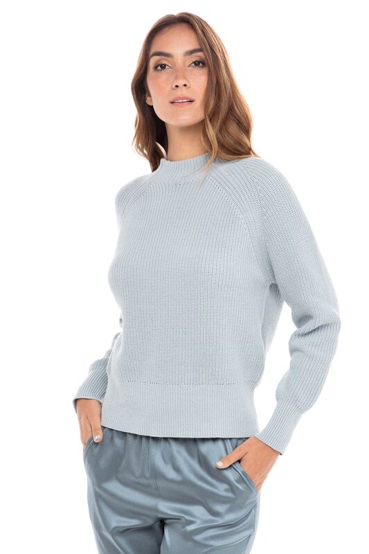 Pale Blue Cotton Mock Neck Sweater